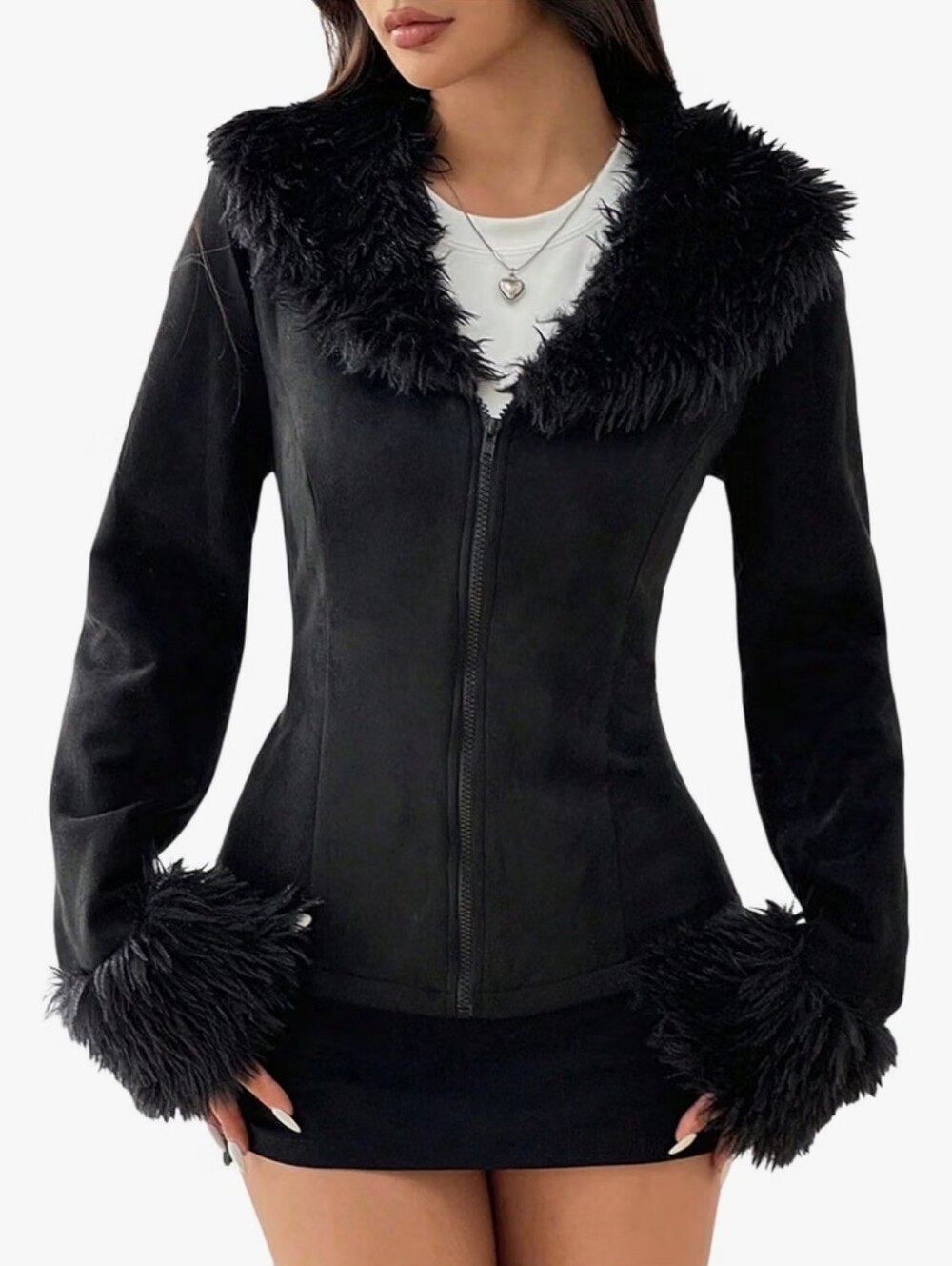 Faux Fur Collar Zip Up Jacket Long Sleeve Suede Jacket Outerwear